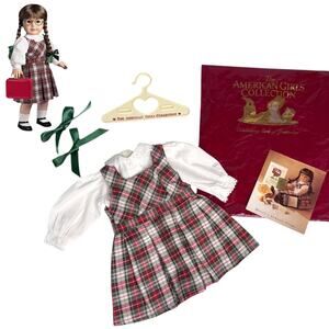 American Girl Molly School Outfit Plaid Jumper Blouse Hair Ribbons Pamphlet Bag